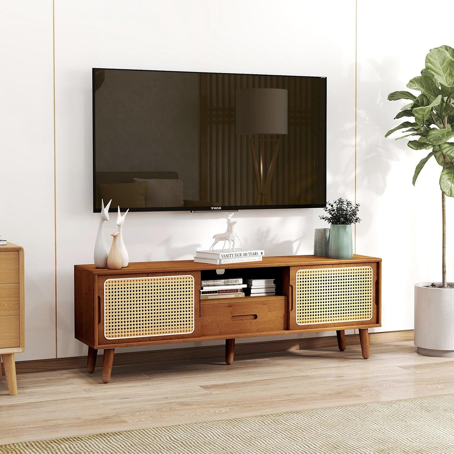 HollyHOME Bamboo TV Stand with Storage for TVs up to 65", Modern Entertainment Center with Rattan and Drawer, Accent TV Table with 2 Shelf, Media Console Cabinet for Living Room, Bedroom, Walnut