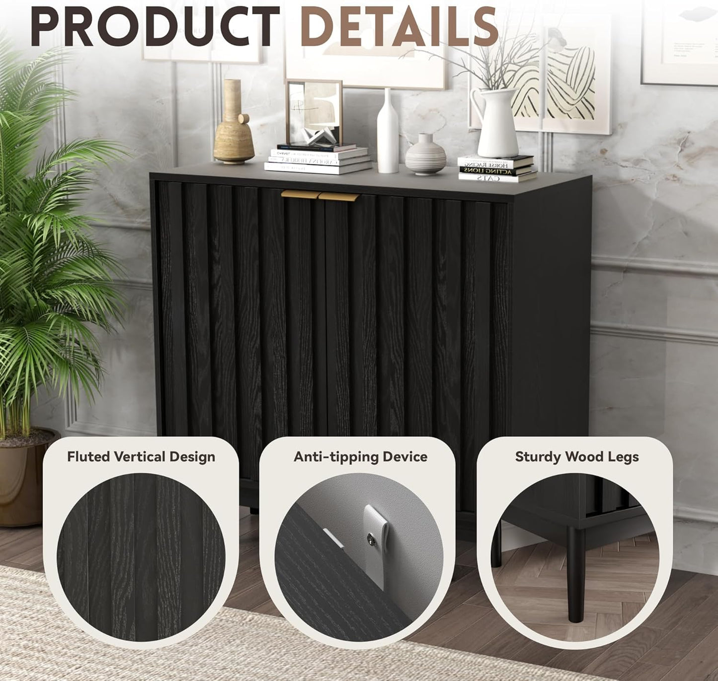 Fluted Cabinet with Storage, Buffet Cabinet Sideborad with Door, Kitchen Buffet Storage Accent Cabinets with Adjustable Shelves for Living Room, Entry, Hallway, Black