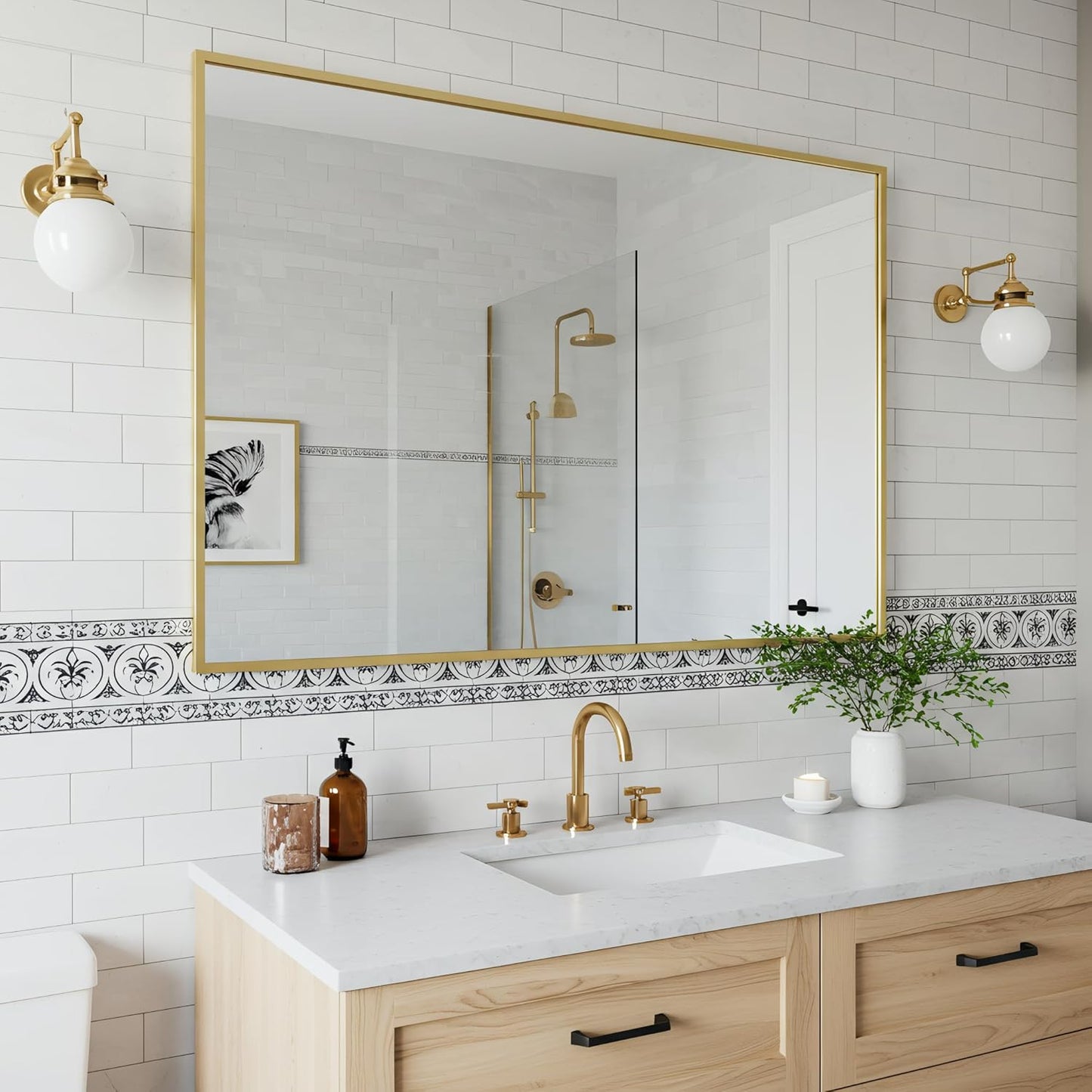 27x40 Inch Brass Bathroom Mirror for Wall, Aluminum Frame Rectangle Rectangular Vanity Mirror, Modern Large for Bedroom, Living Room, Horizontal or Vertical