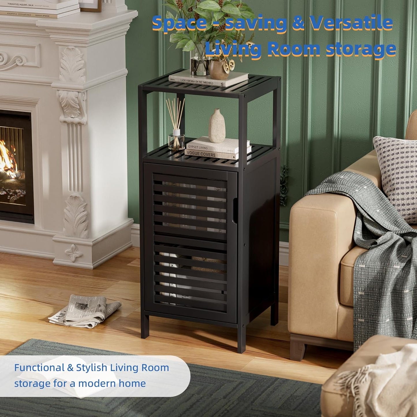 HITNET Bamboo Floor Cabinet, Small Bathroom Cabinet Floor Standing, 4 Tier Narrow Side Storage Cabinet, Space Saving Kitchen Cupboard with Single Door, Black