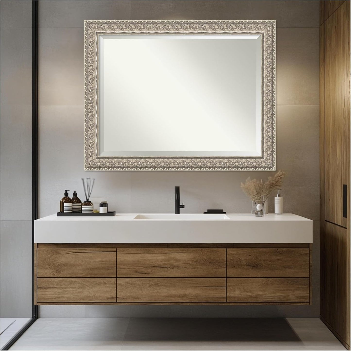 Amanti Art Silver Bathroom Mirror for Over Sink, 37x47 Sydney Silver Rectangle Vanity Mirror, X-Large Traditional Frame, Hangs Horizonally and Vertically, Bathroom Wall Decor, Beveled Edge