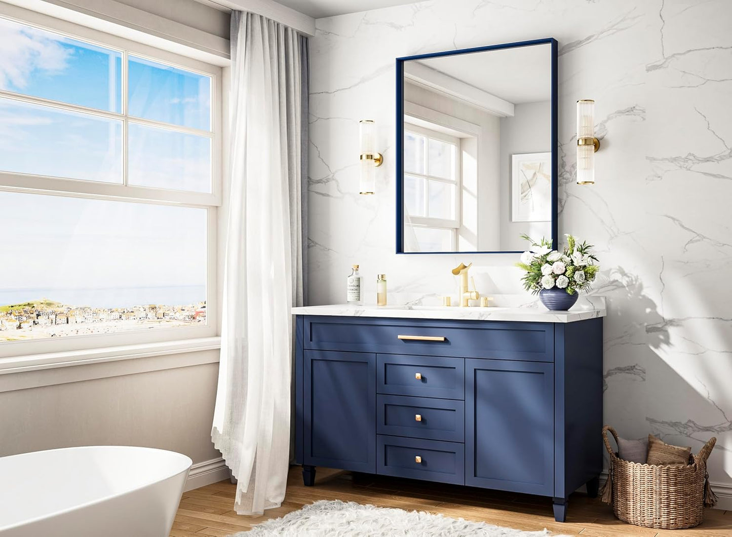 Keonjinn 30 x 36 Inch Blue Bathroom Mirror Metal Frame Navy Blue Wall Mirror for Bathroom Sink Rectangular Brushed Framed Vanity Mirror Square Corner Modern Rectangle Mirror(Horizontal/Vertical)