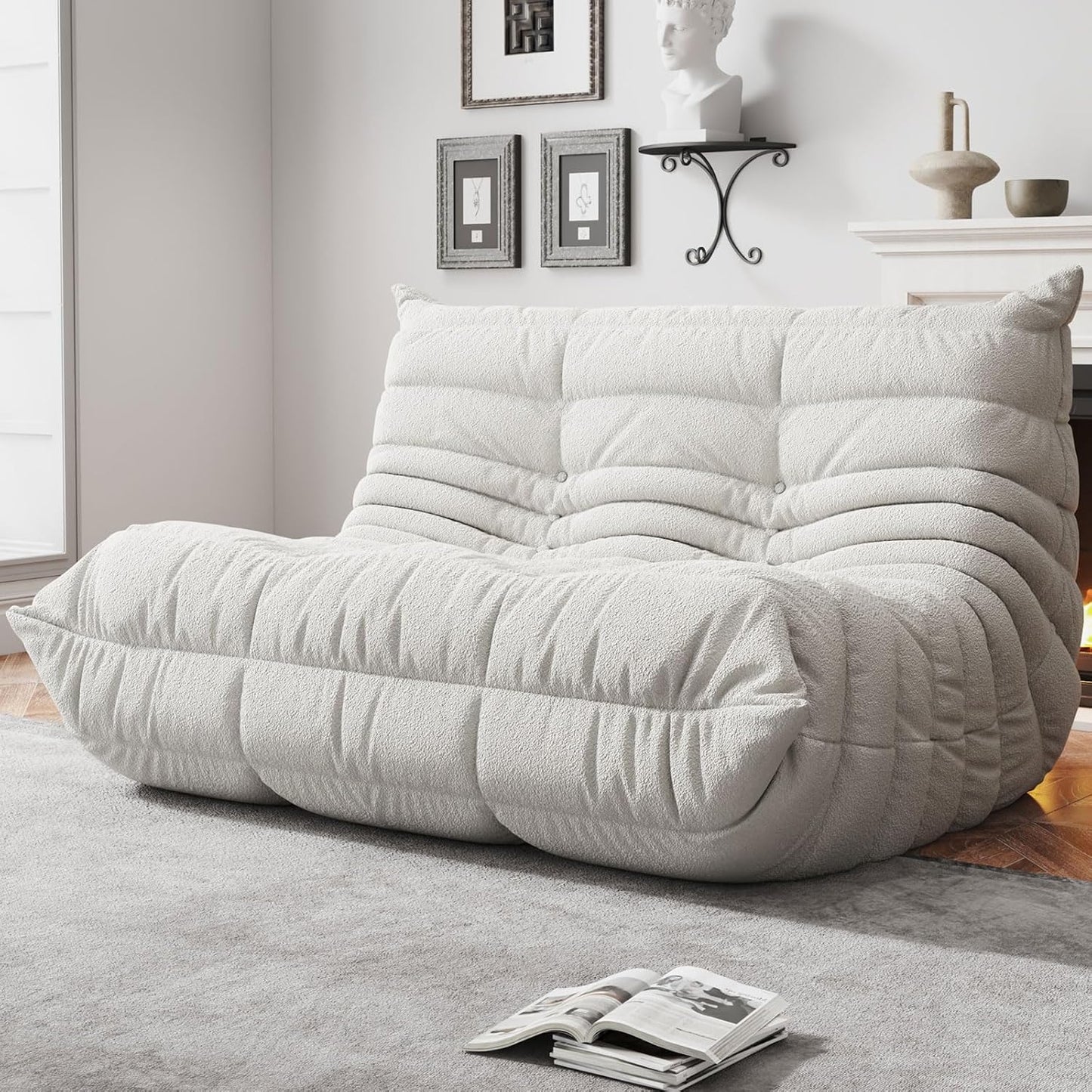 Bean Bag Chairs for Adults, BeanBag Reading Chair Memory Foam Couch, Floor Chair Soft Teddy Material, Comfy Reading Nook Chairs for Bedroom Living Room Office(White)
