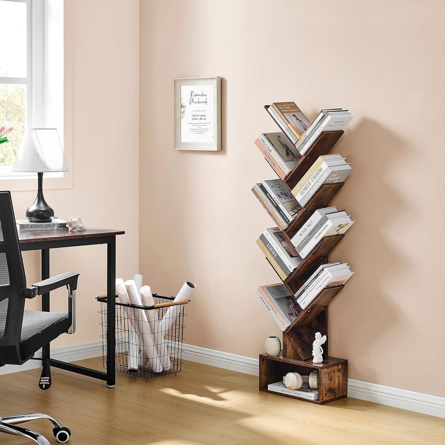 Hoctieon 9 Tier Tree Bookshelf, Tall Bookcase with Drawer, Wood Book Shelf, Modern Floor Standing Bookshelves, Book Organizer Shelves for Bedroom, Living Room, Home Office, Rustic Brown