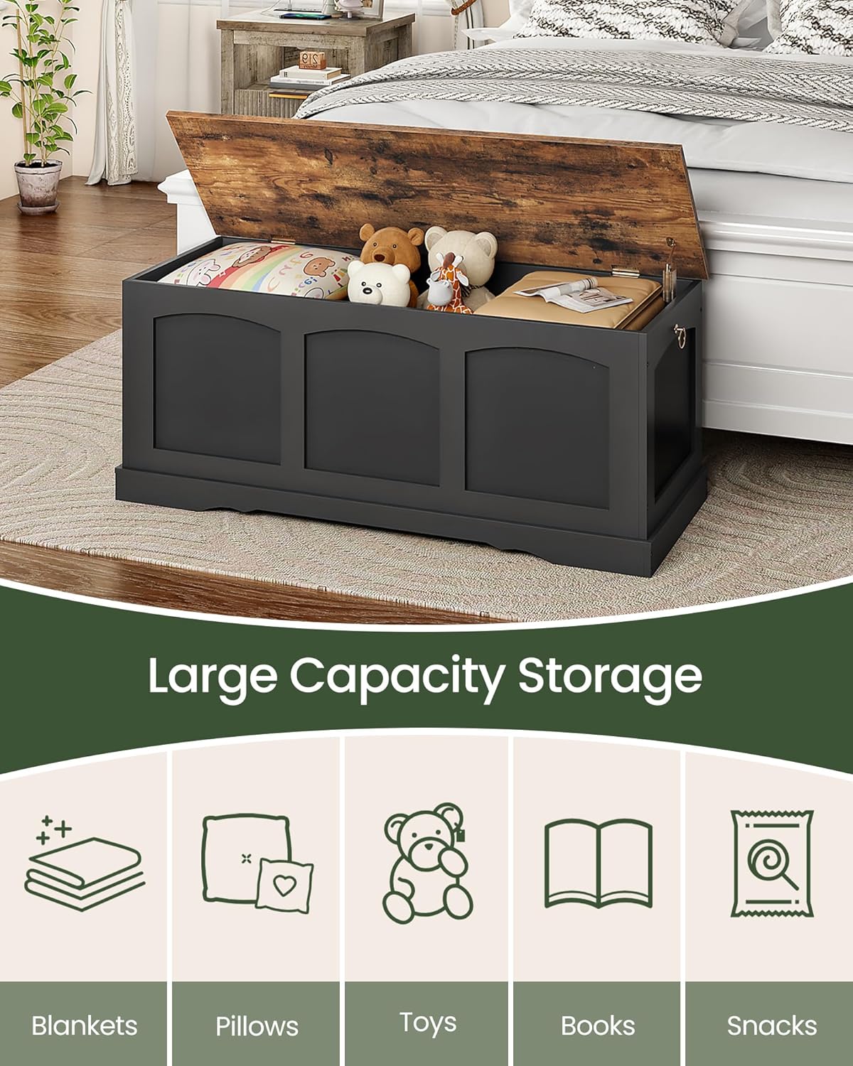 39.4" Storage Chest Bench with Lift Lid, Toy Chest with Safety Hinge, Entryway Shoe Bench, Wooden Storage Trunk, Holds up to 220 lb, for Living Room, Bedroom, Black and Rustic Brown MCW12BF