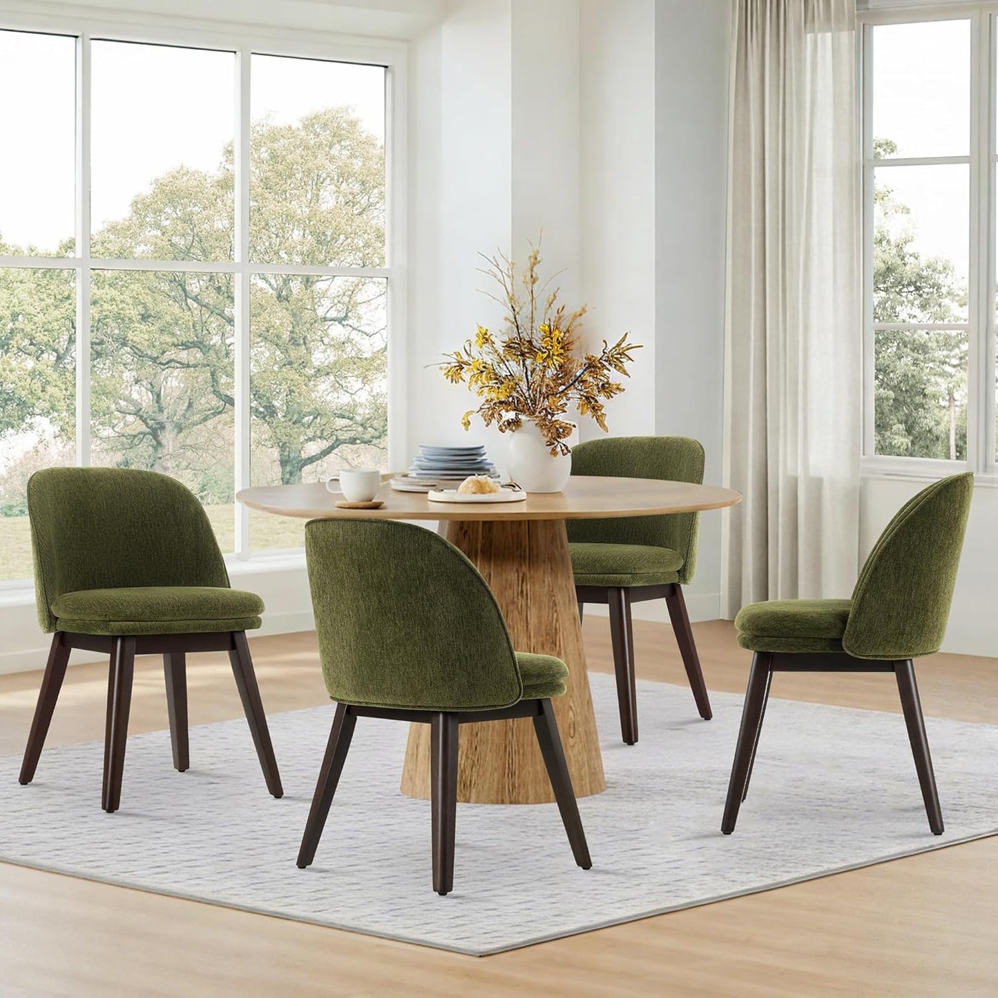 Wooden Dining Chairs Set of 4, Fabric Upholstered Modern Dining Room Chairs with Double-Layer Thick Seat Cushion & Ergonomic Backrest for Restaurant, Kitchen and Café, Green, 2 Boxs