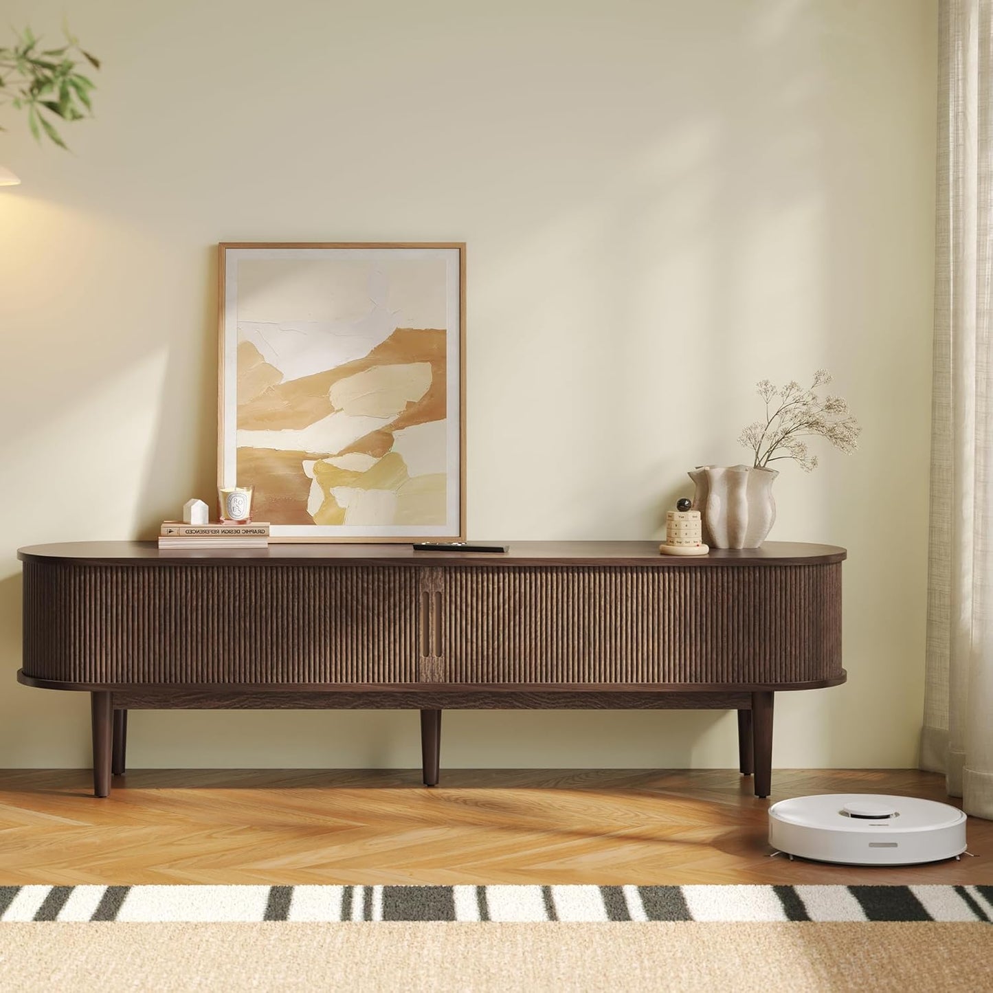 LINSY 70" Fluted TV Stand, Modern Entertainment Center for TVs Up to 80 inches, TV Console with Sliding Doors, Curved Profile Design, Media Console for Living Room, Walnut