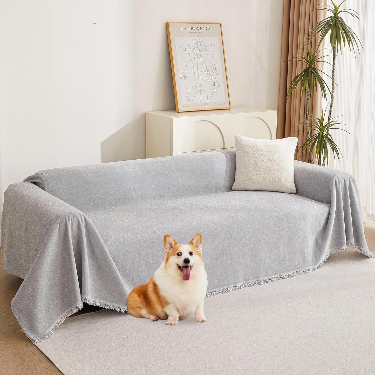 MYSKY HOME Light Gery Chenille Sofa Cover for Dogs Cats Tassel Edge Couch Cover Furniture Protectors for Pets Universal Couch Cover Thick Durable Sectional Couch Covers for 3 Cushion Couch, 71"x 134"