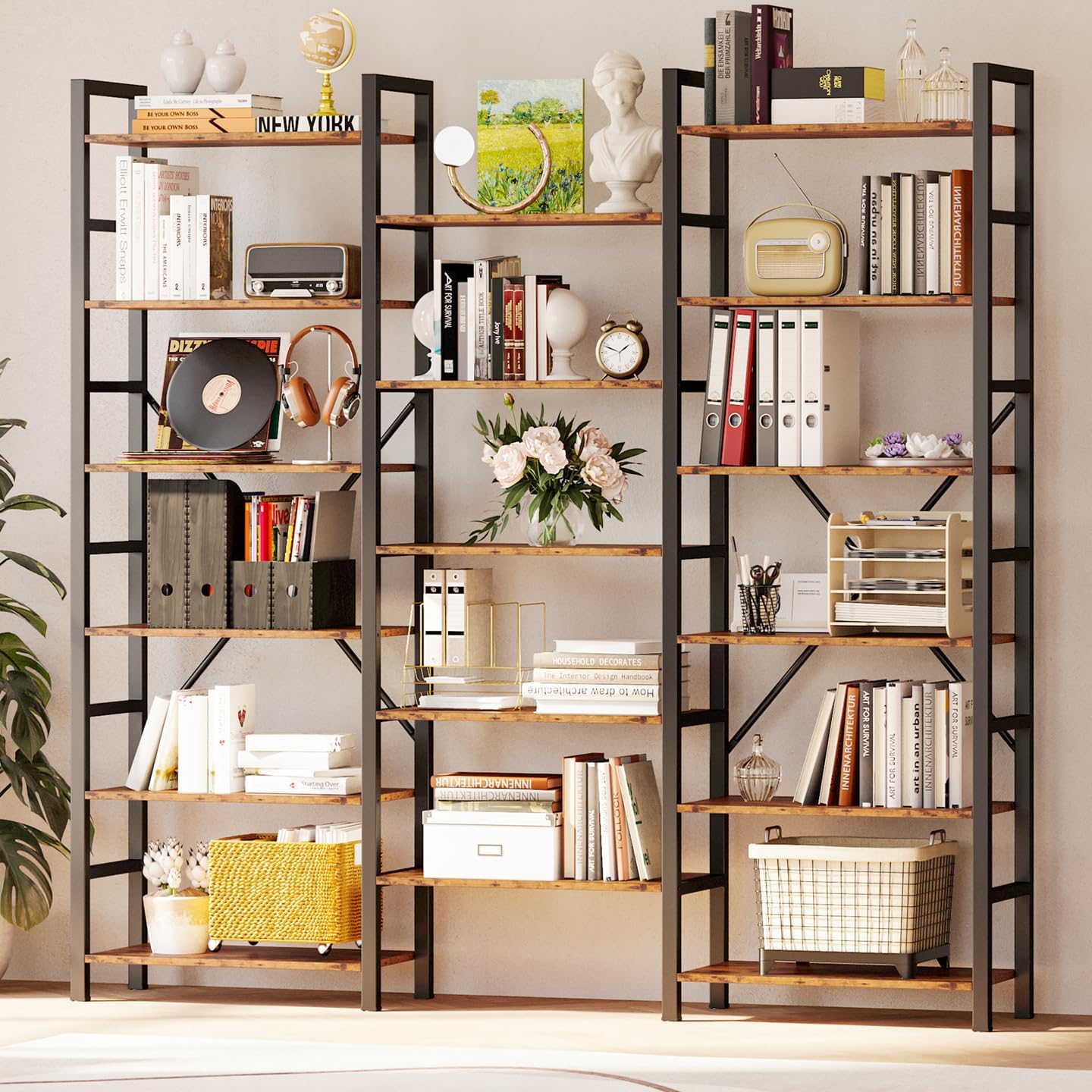 IRONCK Bookshelves 6 Tiers Triple Wide Industrial Bookshelf, Large Etagere Bookshelf Open Display Shelves with Metal Frame for Living Room Bedroom Home Office