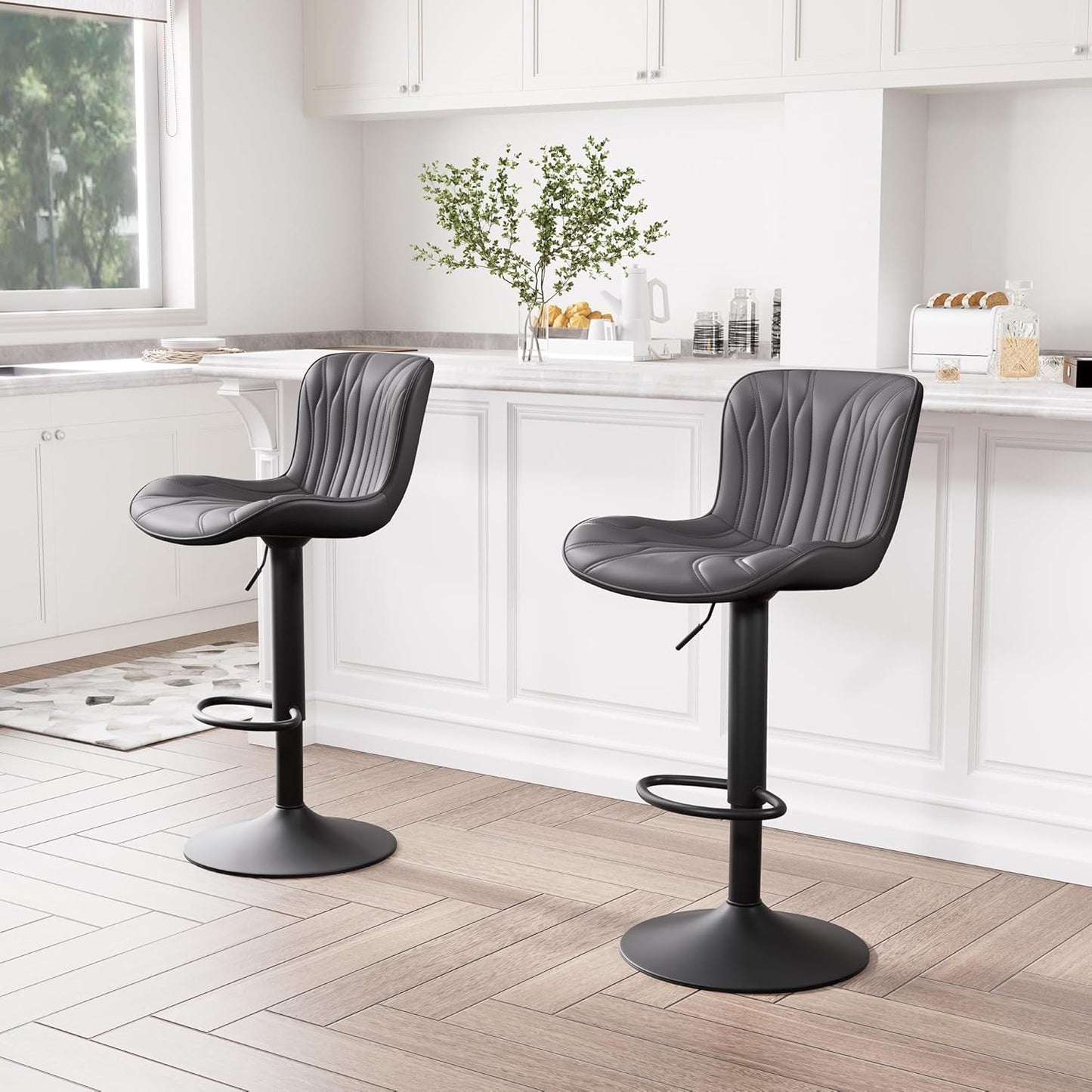 YOUNIKE Black Bar Stools Set of 2 Upholstered Modern Swivel Counter Height Bar Chair with Back Adjustable Kitchen Island Tall Faux Leather Padded Barstools Metal Breakfast