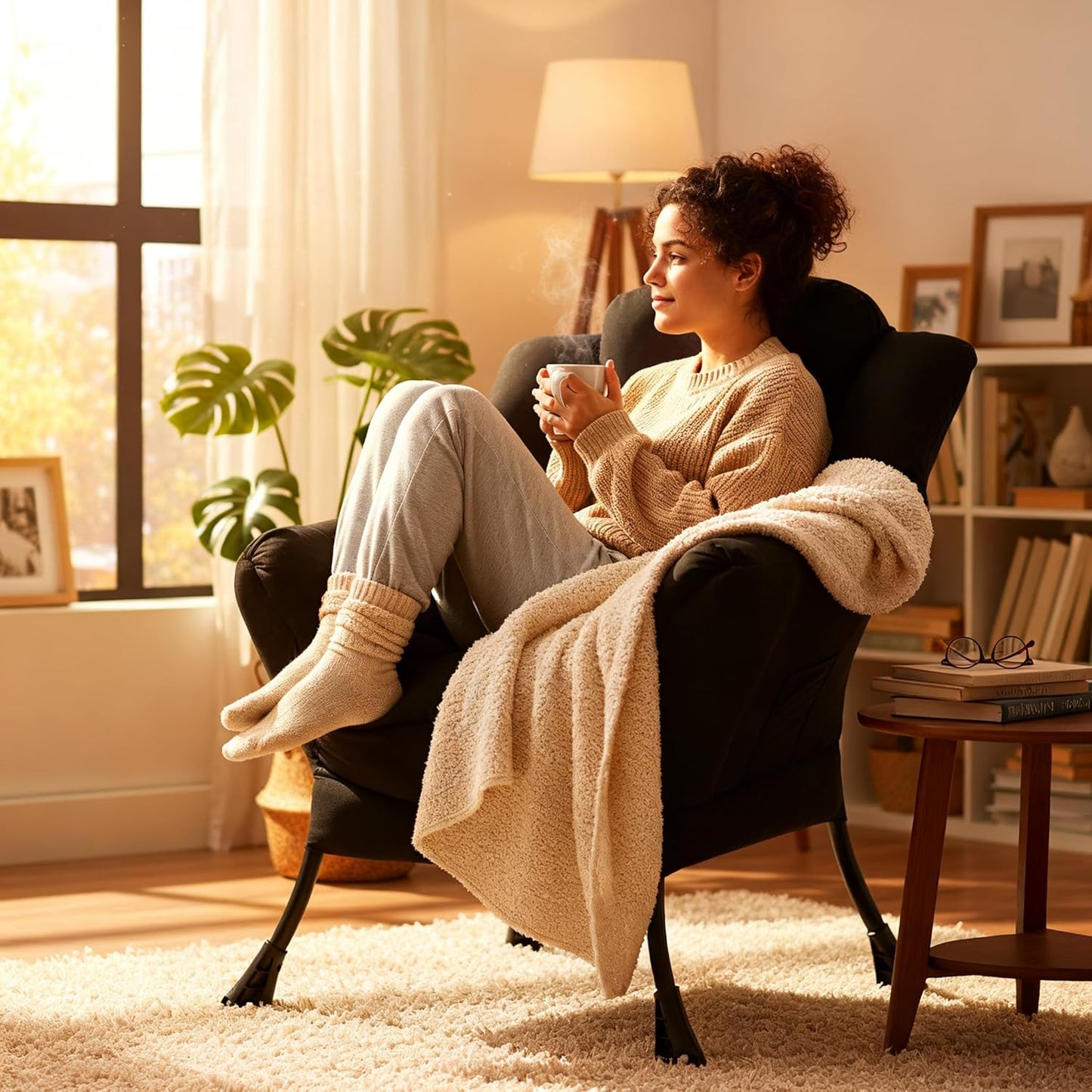 Lazy Chair, Reading Armchair, Large Modern Lounge Accent Chair, Leisure Sofa Chair for Living Room, Bedroom, Dorm Room (Black)