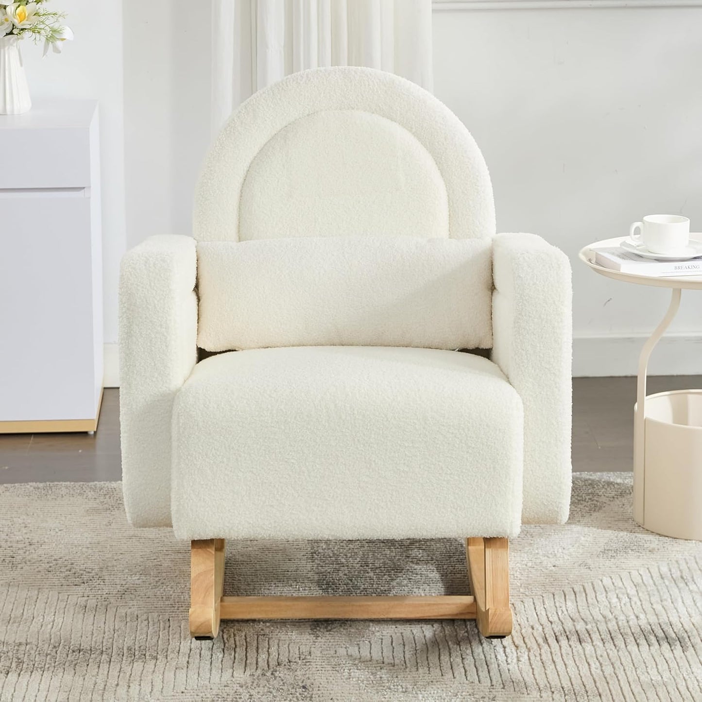 Christopher Knight Home Kiin Wooden Rocking Chair Indoor with Curved Back, Teddy Upholstered Rockers with Pillow, Comfy Accent Chair with Armrest for Bedroom, Living Room, Offices, Cream White