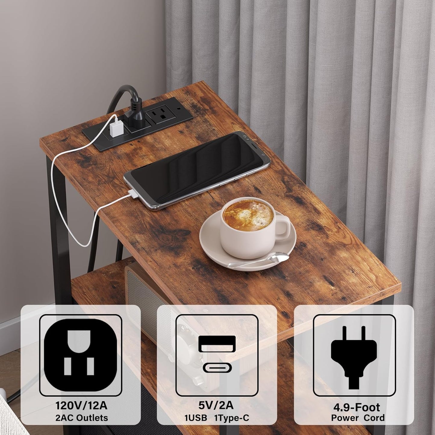 TUTOTAK Small Narrow LED End Table with Charging Station, Side Table Outlets, Nightstand with 2 Cloth Drawers, Set of 2, Couch Table, for Living Room, Bedroom, Bedside, Brown and Black TB01BB056K