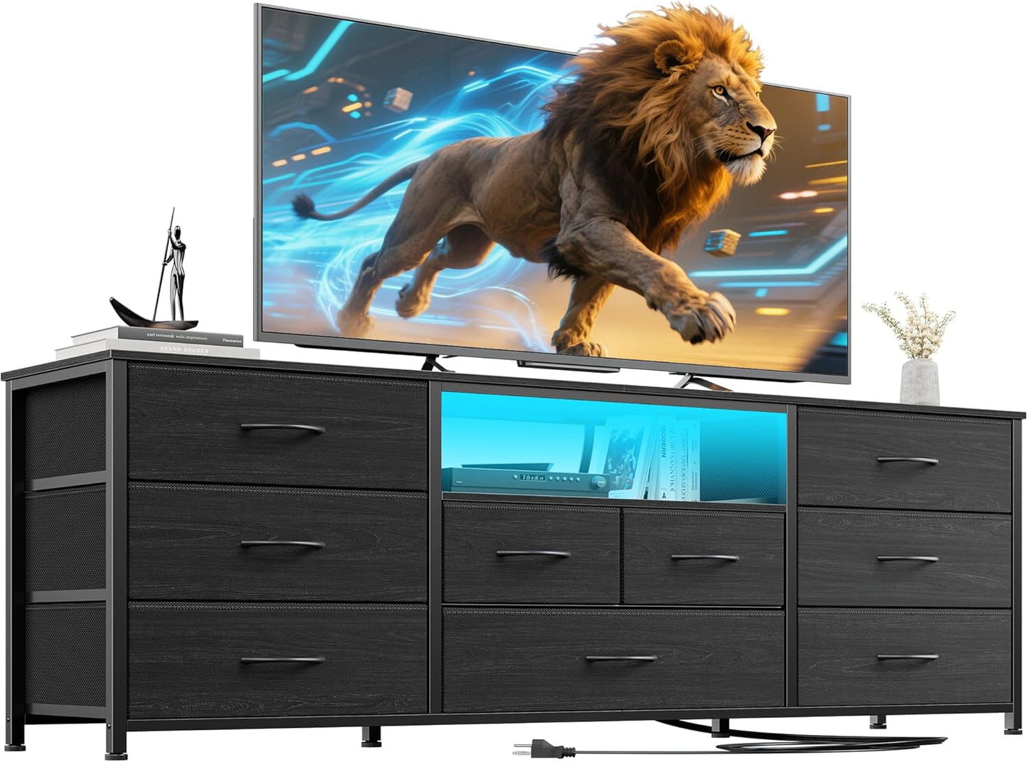 Furnulem 9 Drawer Dresser, 63” Long TV Stand for Bedroom, Entertainment Center with Power Outlet & LED Light for 65"-75" TV, Black Dresser with Fabric Storage Drawers for Closet
