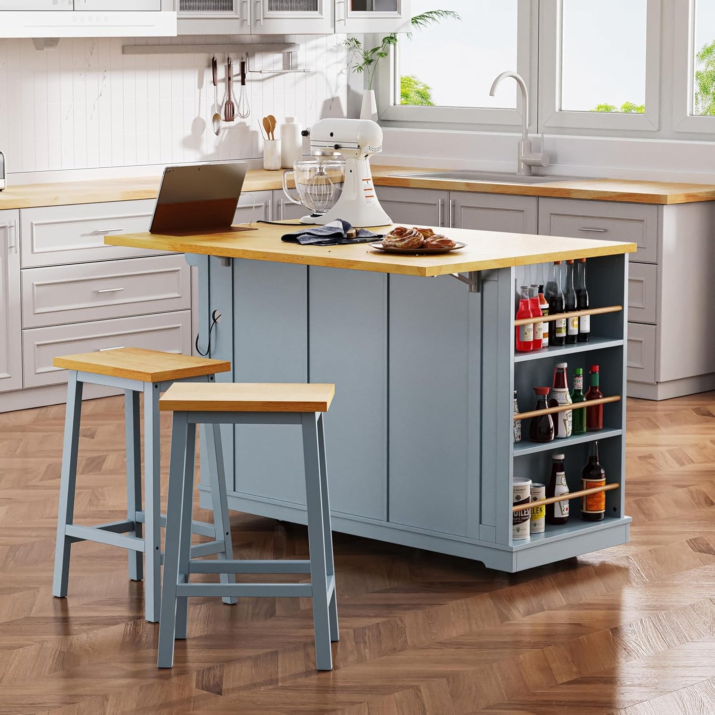 53" Large Kitchen Island Set with 2 Bar Stools, Power Outlet & Storage, Drop Leaf, 3 Drawers & 5 Open Racks, Grey Blue