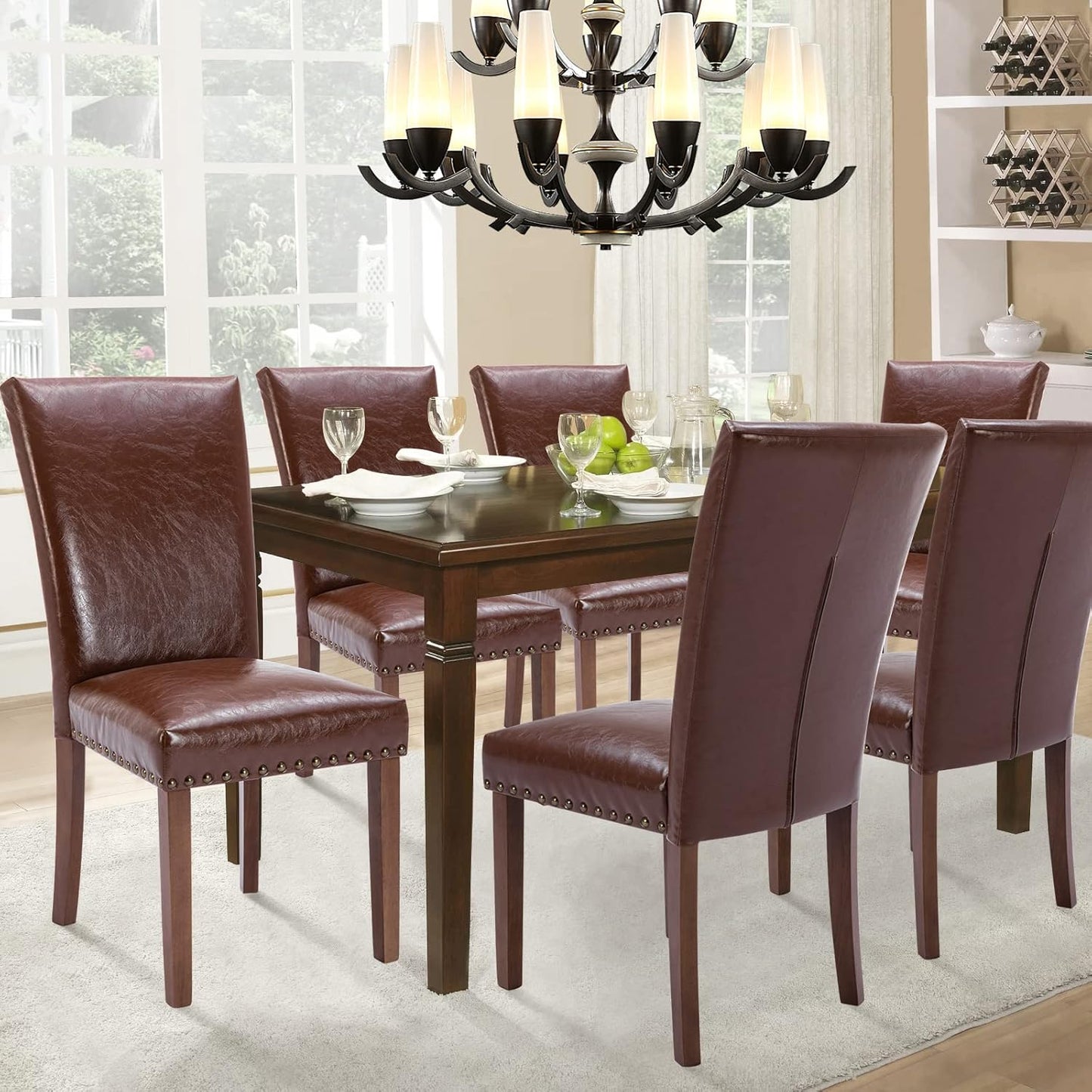 Parsons Dining Chairs Set of 2, Upholstered Nailhead PU Leather Dining Room Kitchen Side Chair with Thick Cushions and Wood Legs, Light Brown