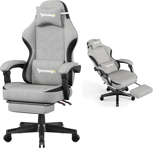 Gaming Chair,Fabric Computer Chair with Pocket Spring Cushion,400 lb Load Capacity,Ergonomic Office Chair with Footrest,Height Adjustable Video Gamer Chair with Lumbar Support (Grey)