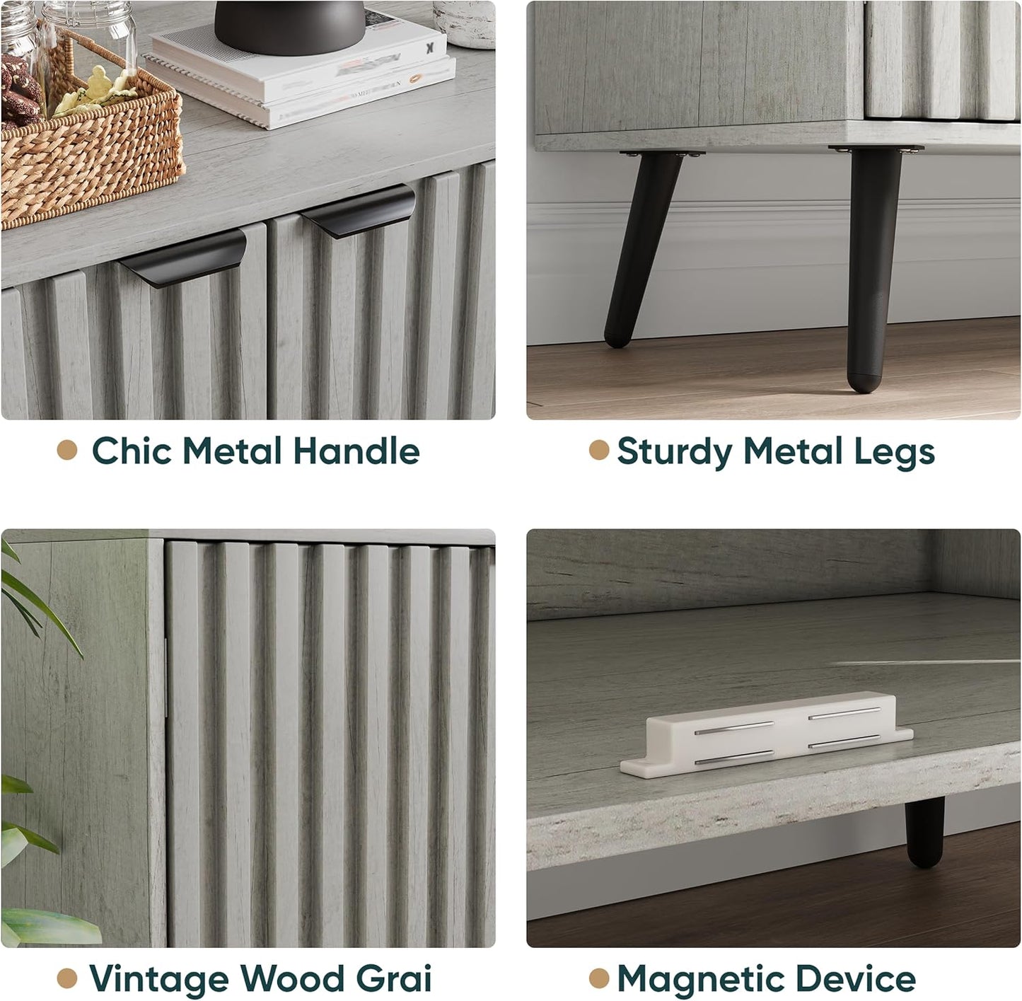 Semiocthome Gray Buffet Cabinet with Storage, Sideboard with Fluted Doors and Metal Legs, Storage Cabinet with Adjustable Shelf, Accent Table for Living Room, Dining Room, Kitchen, Entryway