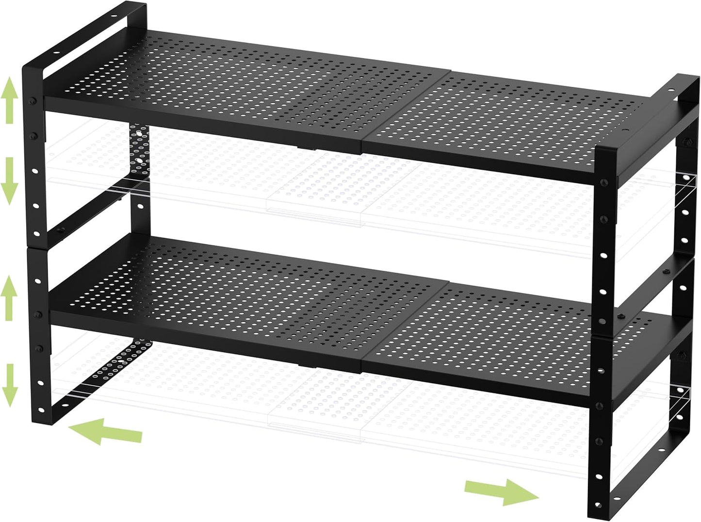 Expandable Stackable Aadjustable Shoe Rack Pantry Shelf for Kitchen Cabinets Counter Shelves Countertop Cupboard Storage Solution,Sturdy Heavy-Duty Metal Construction(2Packs/Black/Large)