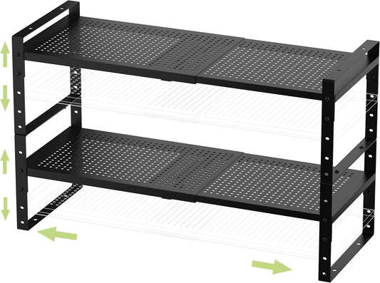 Expandable Stackable Aadjustable Shoe Rack Pantry Shelf for Kitchen Cabinets Counter Shelves Countertop Cupboard Storage Solution,Sturdy Heavy-Duty Metal Construction(2Packs/Black/Medium)