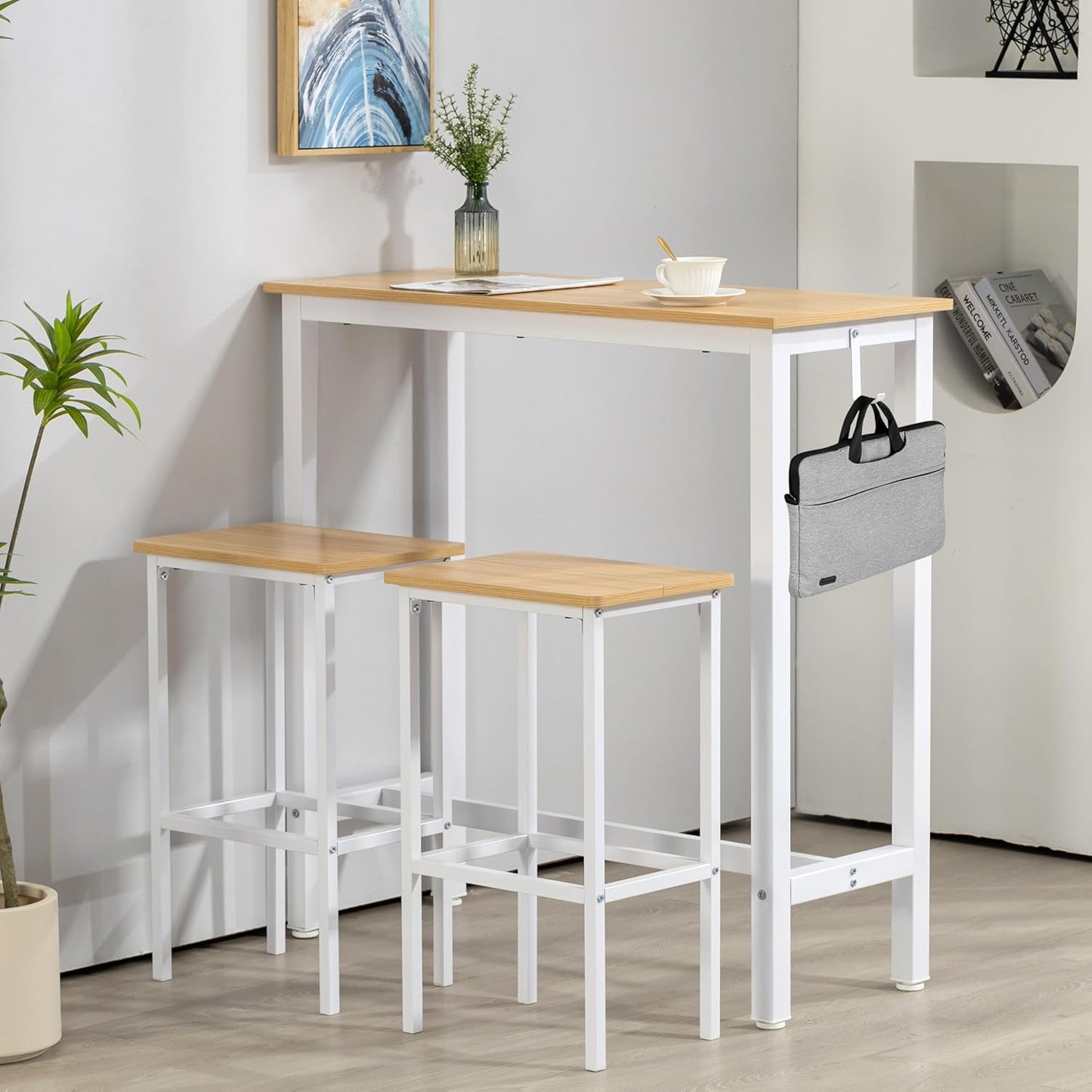 Finnhomy Bar Table Set, 39.3" Pub Table High Top Table, Rectangular Bar Height Table, Bar Table with Stools, Kitchen Table Set for 2, Breakfast for Kitchen, Living Room, Oak Beige and White