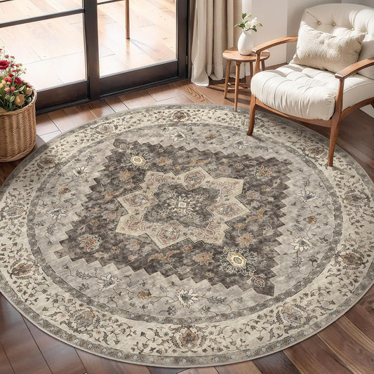 Tangsoo Vintage Round Rug 4ft Washable Circle Rug, Non Slip Small Boho Round Rug, Low Pile Circular Rugs, Round Carpet for Bedroom,Entryway,Nursery,Dorm,Kitchen,Brown/Grey