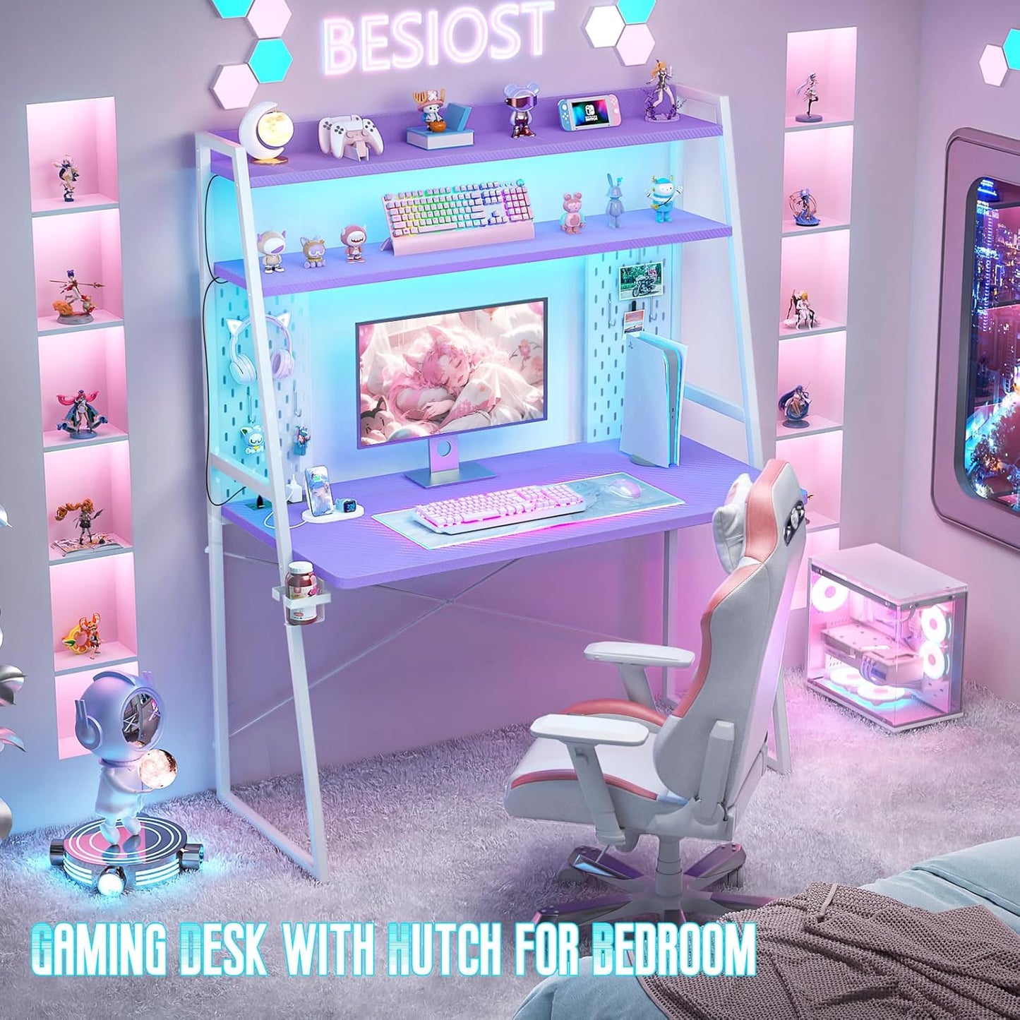 Gaming Desk with Hutch and LED Lights, Gaming Computer Desk with Power Outlets, Gamer Desk with Storage Shelves & Pegboards for Bedroom, Carbon Fiber Purple, 43"