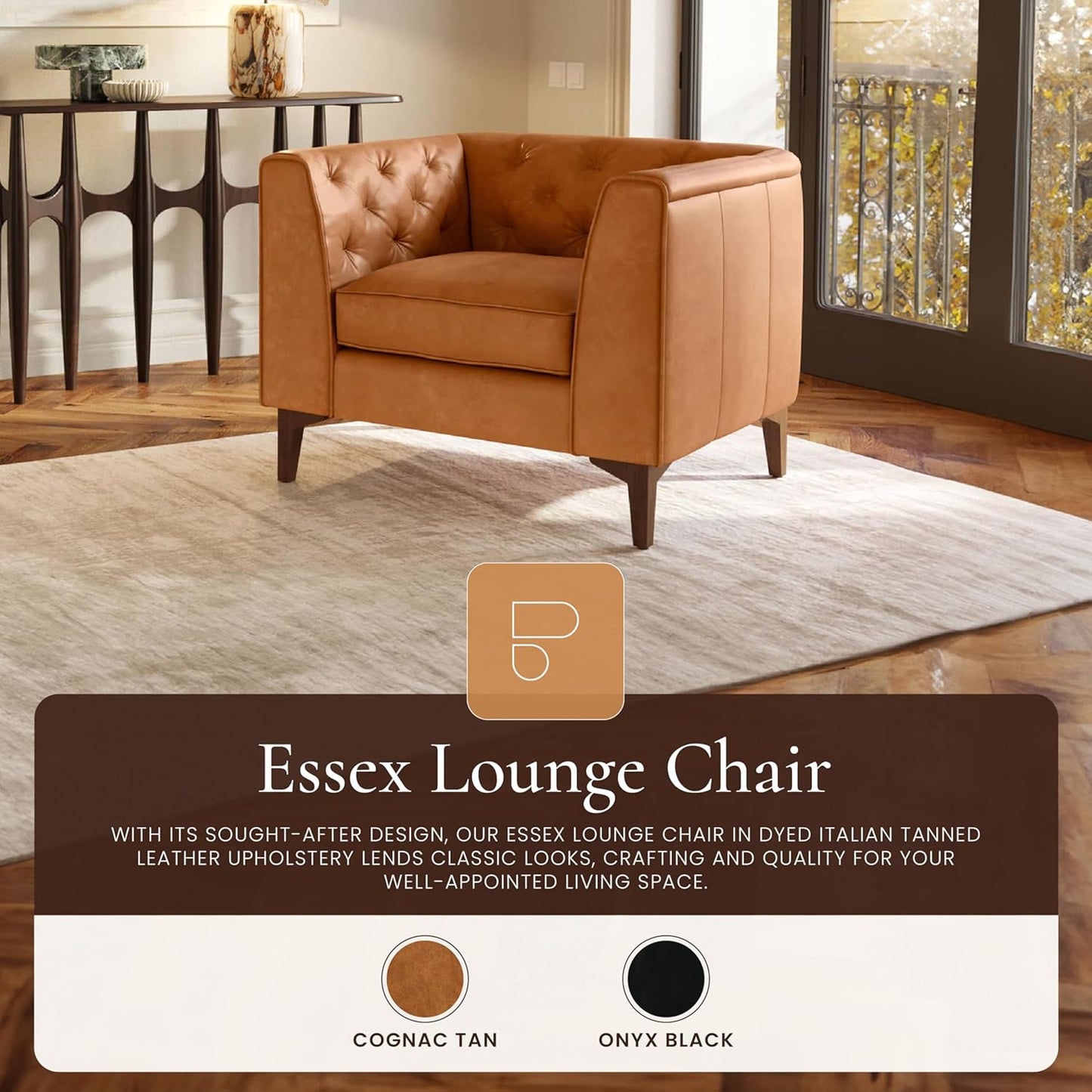 Poly & Bark Essex Lounge Chair - Leather Chair with Tufted Back - Full-Grain Living Room Armchair with Feather-Down Topper - Vintage Italian Leather in Cognac Tan - Set of 2