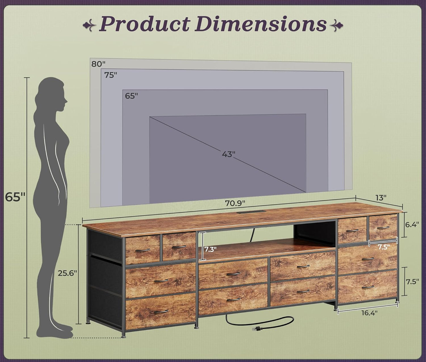 Huuger 70.9 Inch Dresser TV Stand with LED Lights, Power Outlets and USB-C Port, 12 Fabric Drawer Dresser for Bedroom, Wide Entertainment Center for 75, 80 Inch TV, Open Shelf, Rustic Brown