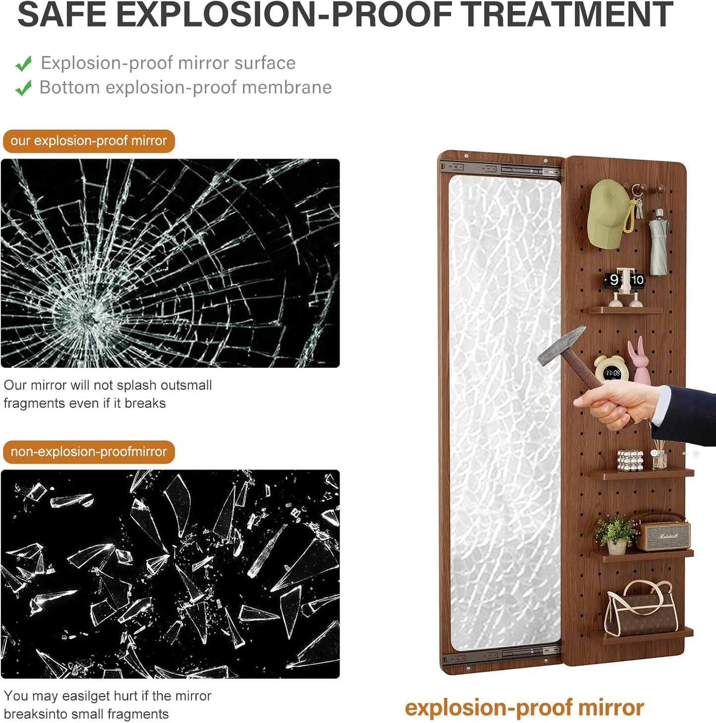 KungFuWood Full Length Mirror with Shelf and Hooks,Entry Way Mirrors for Wall,Wall Mirror with Shelf,Wall Mirror with Storage Multifunctional Design Panel,Living Room