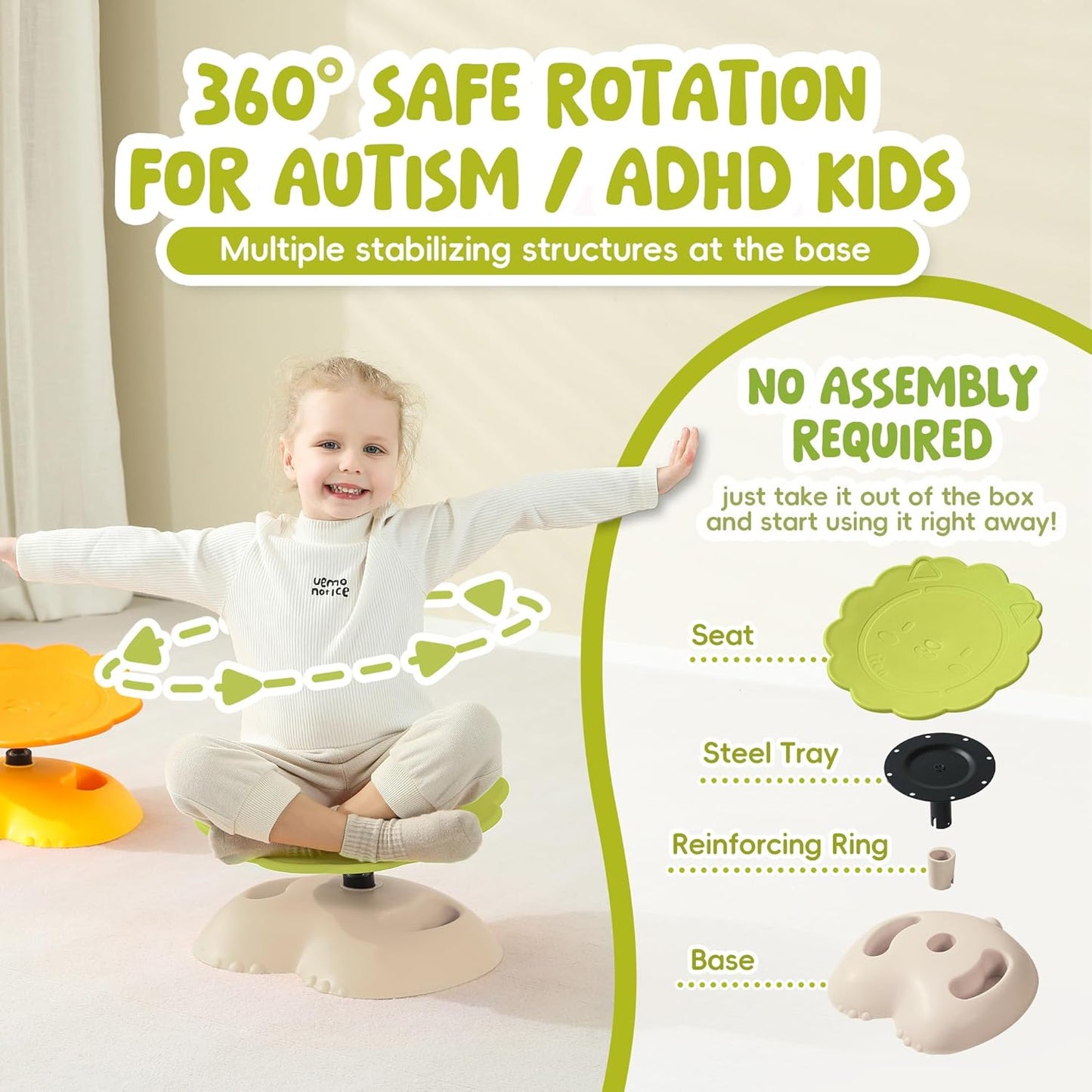 Spinning Chair for Autistic Kids, Autism Sensory Spinning Chairs Sensory Swivel Chair, Sensory Toy for ADHD & Autism 3-6 Years Children, Sit and Spin Training Body Coordination (Green)