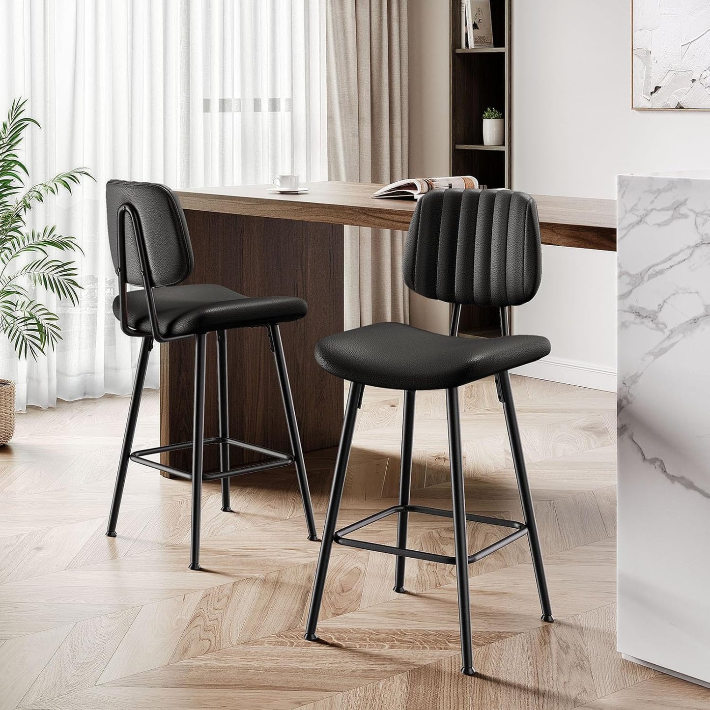 24-Inch Leather Bar Stools Set of 4, Counter Height Barstools with High Backrest，Bar Chairs for Kitchen Island with Heavy Duty Metal Legs, Black