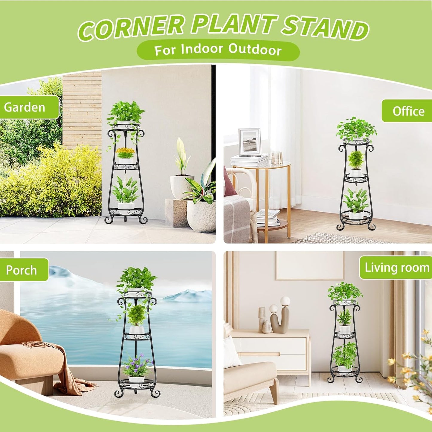 KMOTASUO 3 Tier Metal Plant Stand Indoor, 34 Inch Tall Corner Plant Stands for Indoor Plants, Flower Pot Holder Shelf Display Rack for Balcony Garden Patio Living Room(Black)