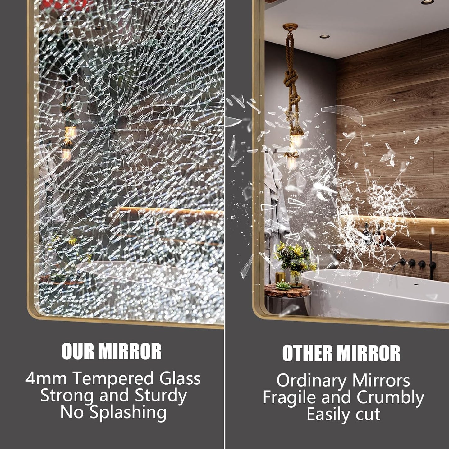 60x40 Gold Bathroom Mirror, Brushed Metal Frame Gold Vanity Mirror, Large Rectangle Mirror for Wall, Rounded Corner, Shatterproof, Anti-Rust (Horizontal/Vertical)