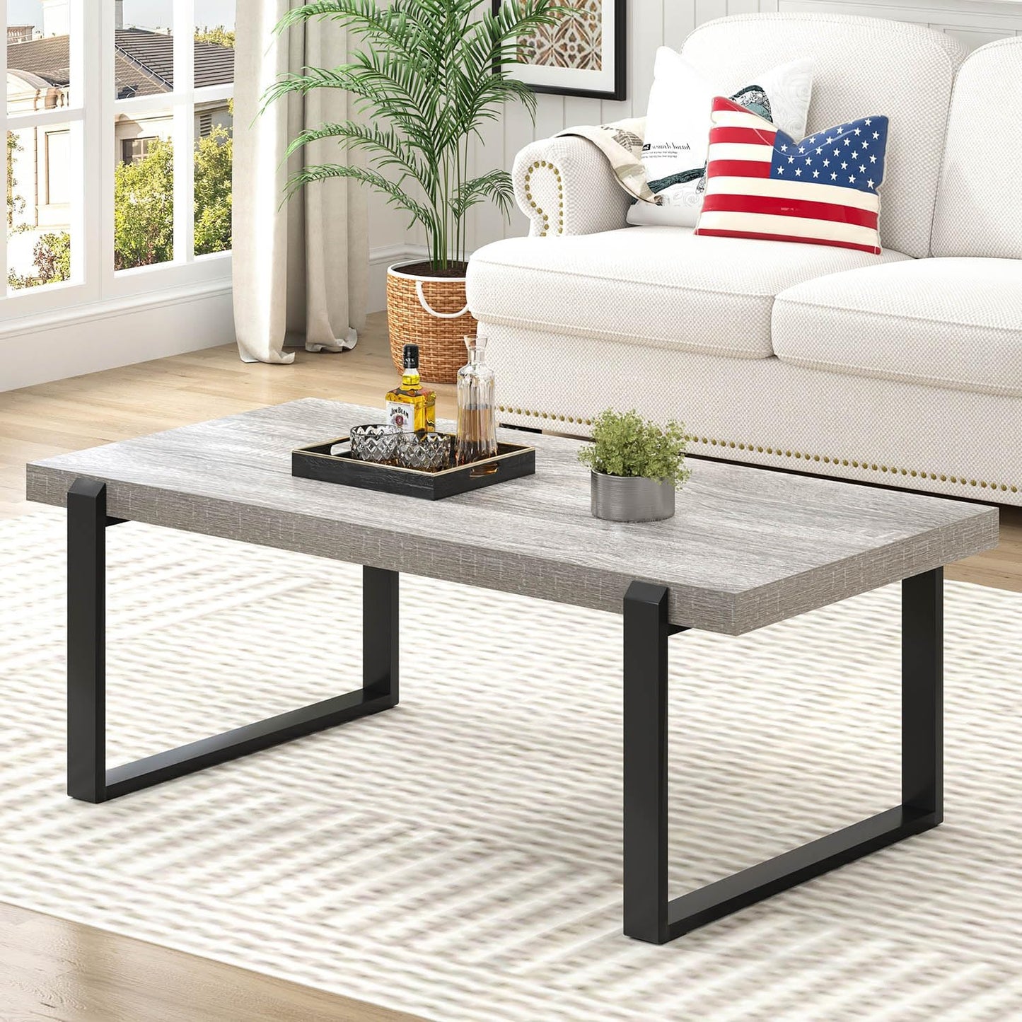 FOLUBAN Modern Coffee Table, Rustic Wood and Metal Center Table, Rectangle Cocktail Tea Table for Living Room, Light Grey, 47 Inch