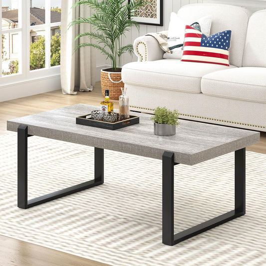 FOLUBAN Modern Coffee Table, Rustic Wood and Metal Center Table, Rectangle Cocktail Tea Table for Living Room, Light Grey, 47 Inch