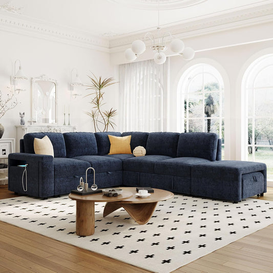 Merax L-Shaped Modular Sectional Sofa with Removable Storage Ottoman, USB Ports and Cup Holder, 6-Seats Upholstered Couch & Armrest, Free Combination Indoor Furniture for Living Room, Apartments, Blue