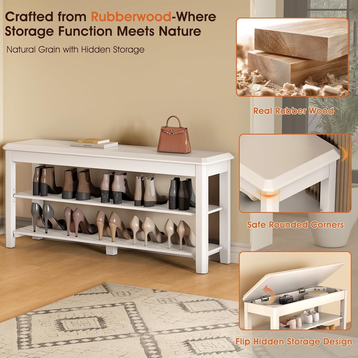 Shoe Rack Bench Seat Rubberwood 2-Tier Wooden Storage Bench 550lbs Compact Mid-Century Modern Design for Entryway, Hallway, Closet, Front Door Entrance, Foyer