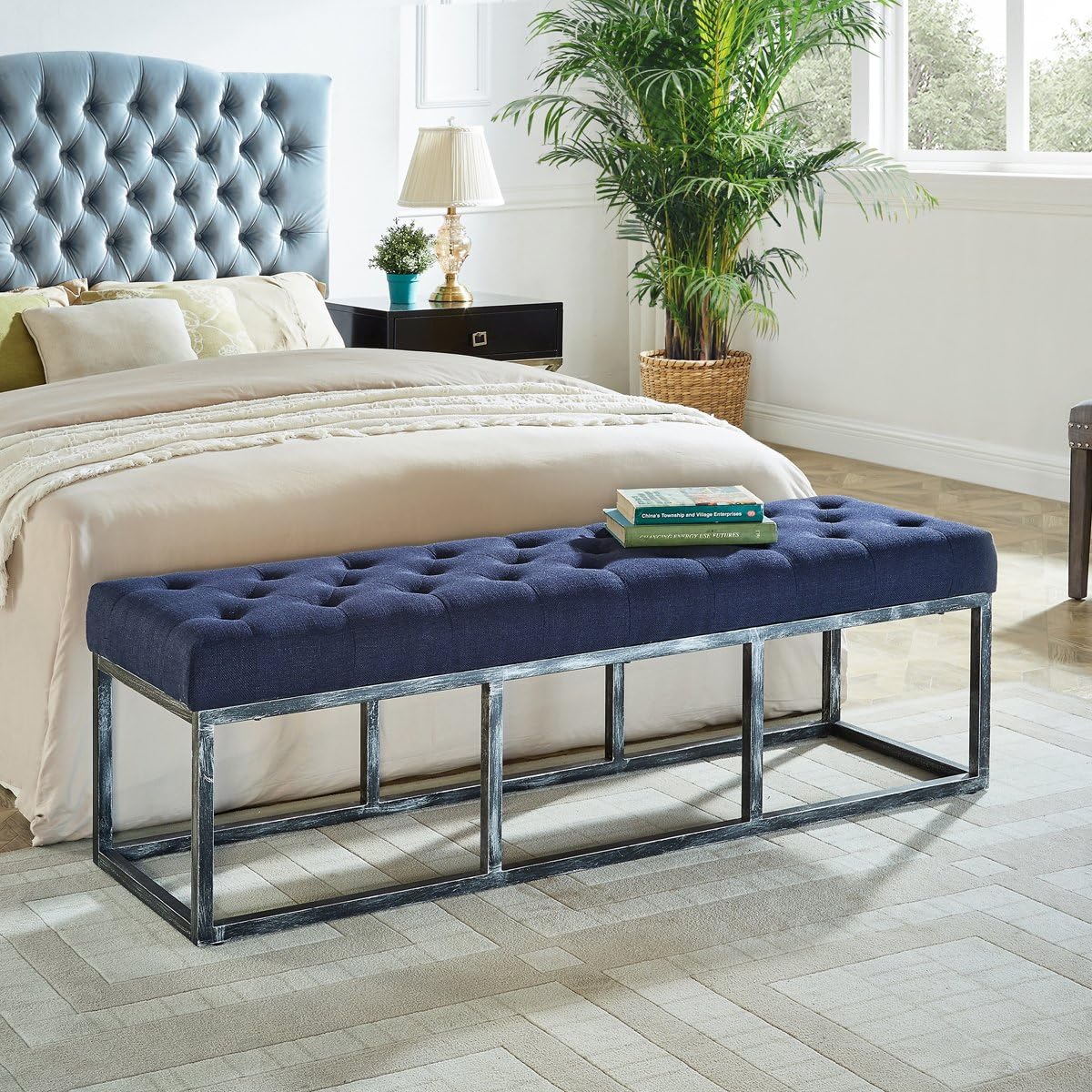 24KF Upholstered Tufted Long Bench Seats with Metal Frame Leg, Linen Bench Ottoman with Padded Seat-Navy Blue