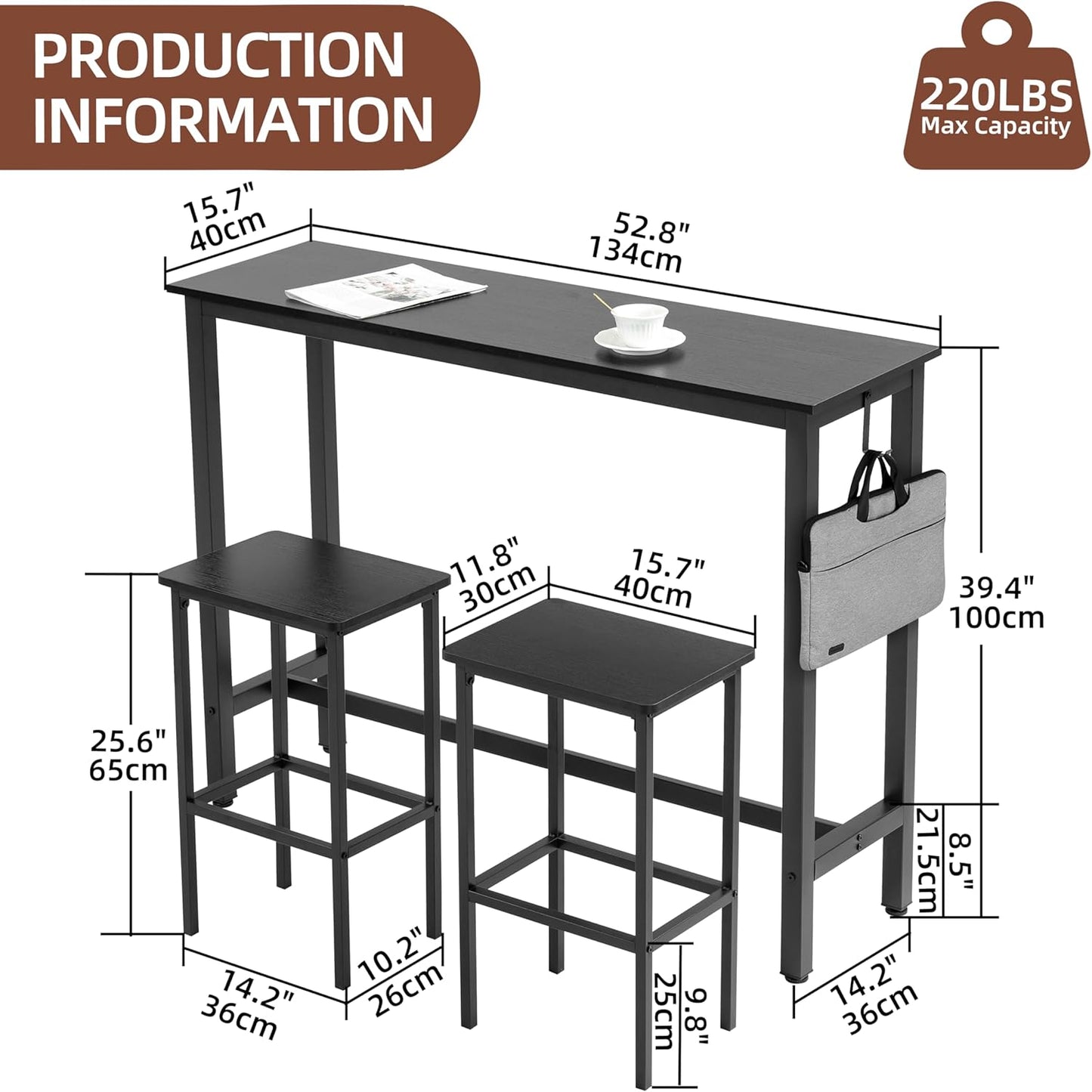 Finnhomy 52.7" Industrial Bar Table Set with 2 Stools - Counter Height Dining & Pub Table for Small Spaces, Kitchen, Apartment, Breakfast Nook - Metal & Wood, Space-Saving Furniture - Rustic Black