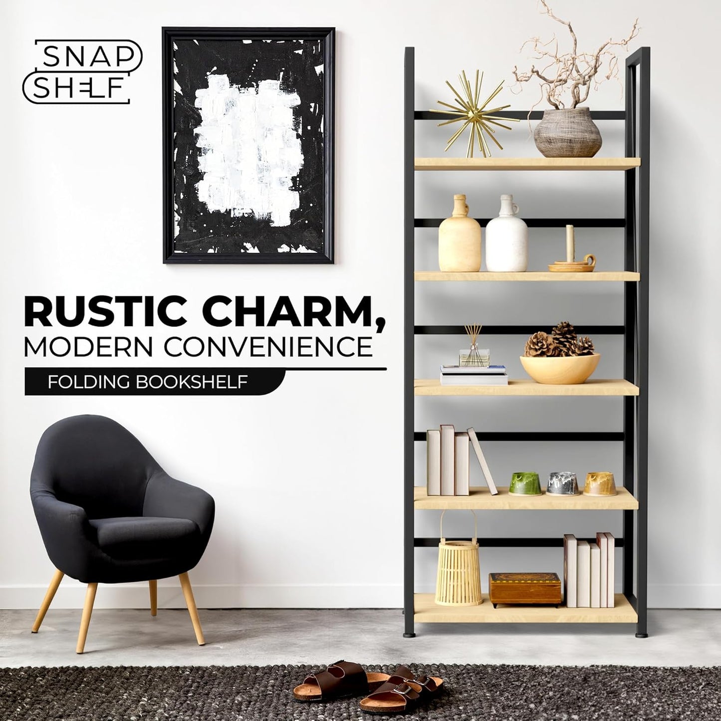 5 Tier Wood Book Shelf Organizer, No Assembly Bookshelf for Bedroom Living Room Office, Rustic Foldable Book Case, Tall Bookshelves, Open Book Shelves, Decorative Folding Shelf Display, Tall Bookcase