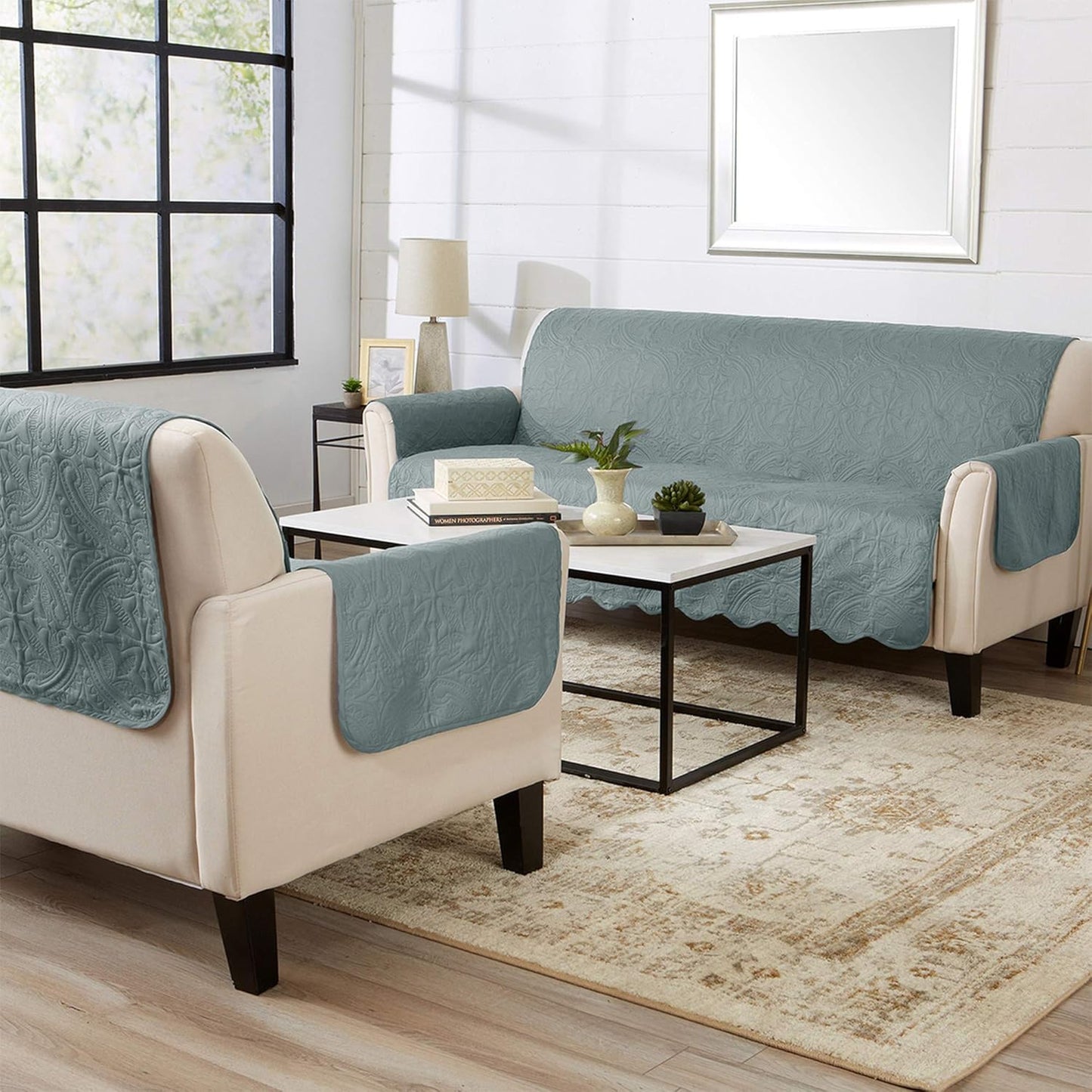 Medallion Stitched Solid Furniture Protector Stain Resistant Durable Furniture Protector Elenor Collection (Chair, Mirage Gray/Flax)