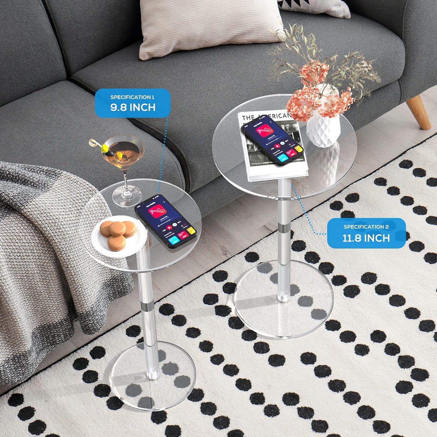 Acrylic End Table, Clear Side Tables for Small Space, 11.8" Round Modern Drink Table for Living Room, Bedroom, Bathroom, Office, Outdoor, Business, Sturdy and Easy to Install (Large)