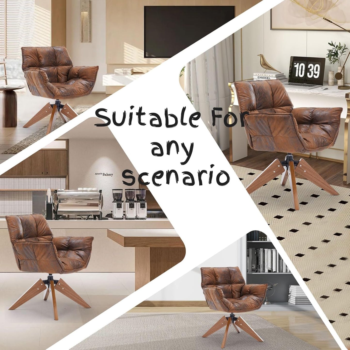 Mid Century Accent Chair, Hot Stamping Cloth Desk Chair no Wheel, Modern Cozy Vanity Chair Advanced & Wear-Resistant with Amrest, Wood Legs for Living Room, Reading Room, Bedroom, Brown