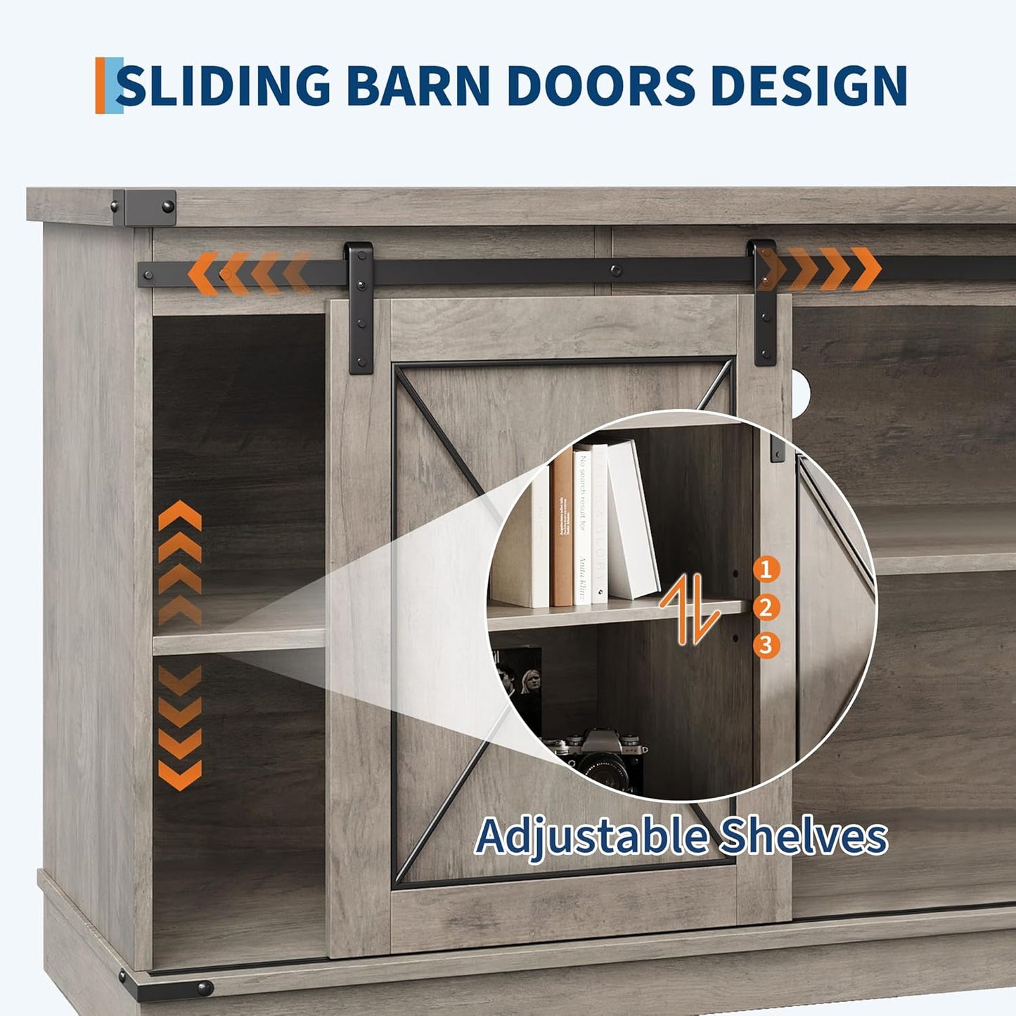 GarveeHome Farmhouse TV Stand for TV up to 65 Inches and Entertainment Center with Sliding Barn Doors and Adjustable Shelf, Tv Media Console Table with Storage Cabinet for Living Room, Bedroom, Grey