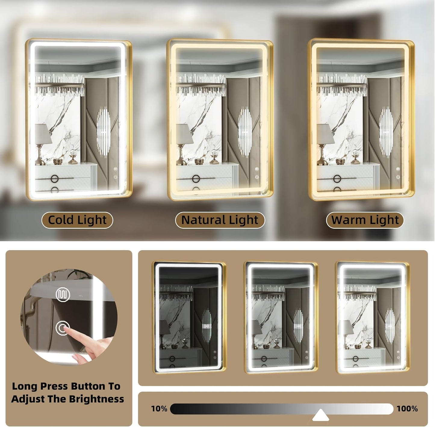 Hasipu LED Bathroom Mirror with Lights 40 x 26 Inch, Gold Metal Frame Light Mirror for Vanity Anti-Fog, Dimmable, 3 Colors (Horizontal/Vertical)
