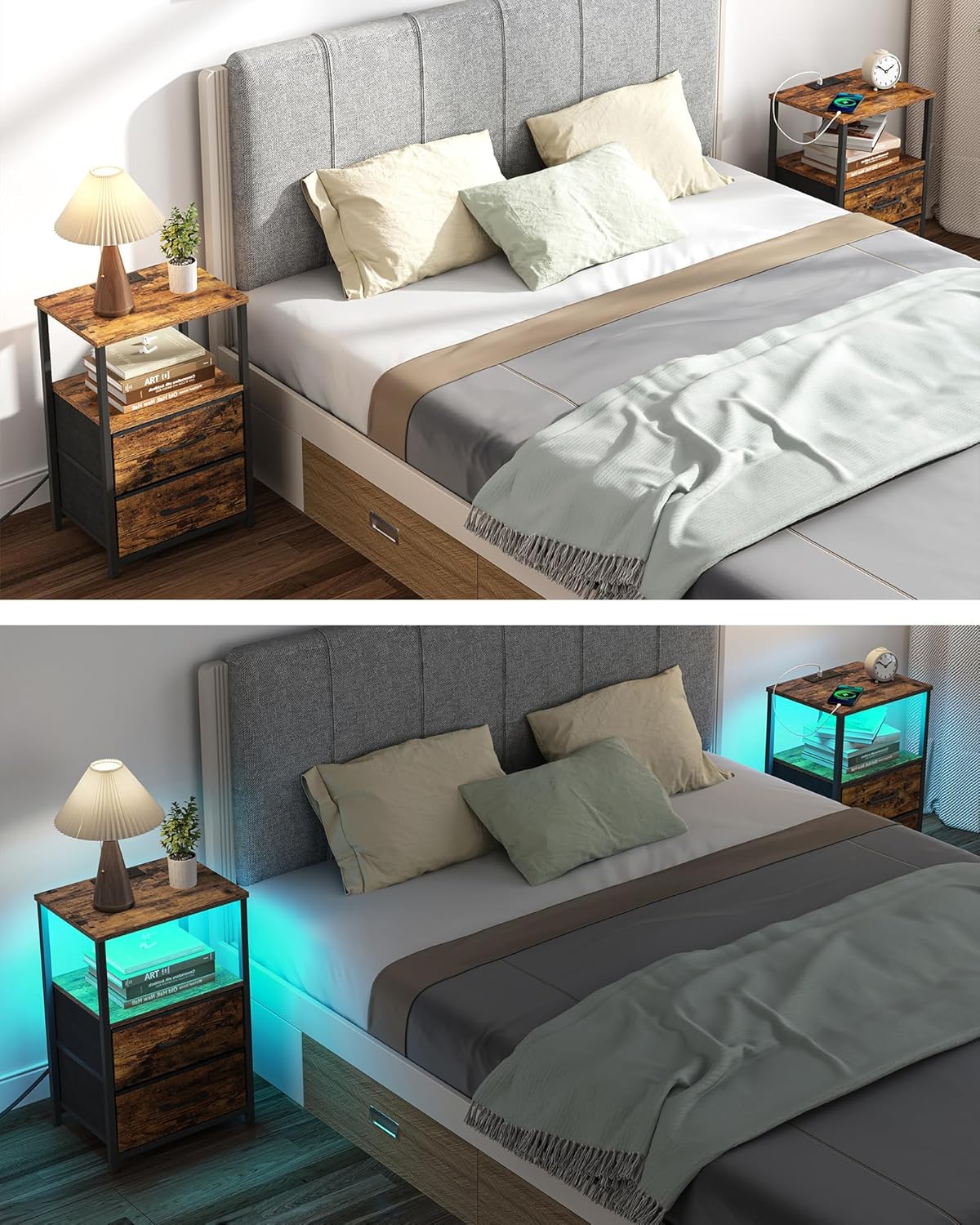 TUTOTAK LED End Table with Charging Station, Night Stand, Side Table with 2 USB Ports and Outlets, Nightstand with Cloth Drawer, Bedside Table for Livingroom, Bedroom Brown TB01BB088L