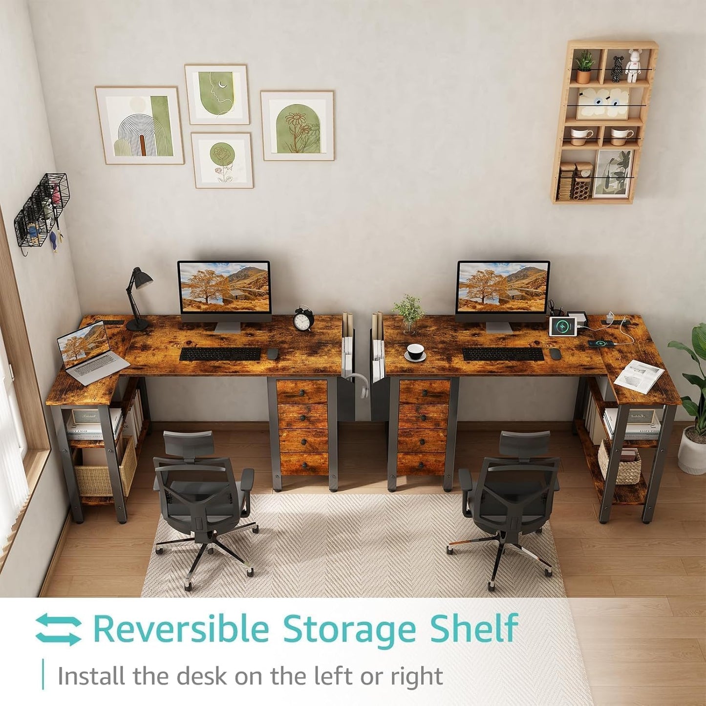 Lufeiya L Shaped Desk with Drawers & Storage Shelves, 47 Inch Small Reversible Corner Desk with Power Outlet for Home Office Bedroom, L-Shaped Gaming PC Computer Desks with Fabric Drawer, Rustic Brown