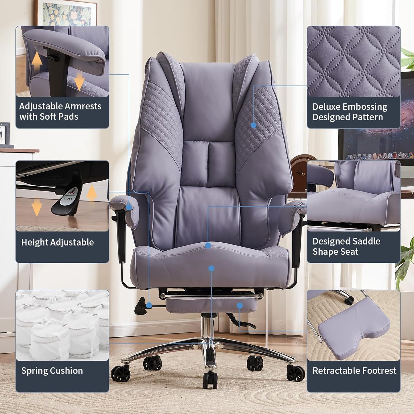 Big and Tall Office Chair 400lbs Wide Seat, Leather High Back Executive Office Chair with Foot Rest, Ergonomic Chairs Lumbar Support for Lower Back Pain Relief (Light Purple)