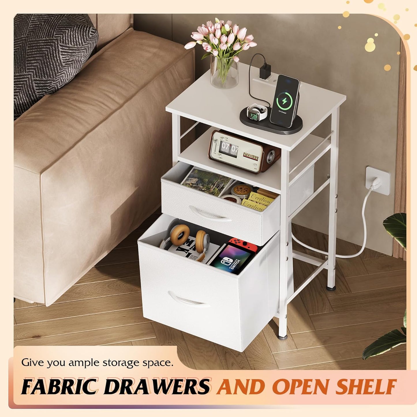 WLIVE Night Stand Set 2, White Nightstand with Charging Station, Nightstands for Bedroom Set of 2, Bedside Tables, Side Table with 2 Fabric Drawers, Small Dresser with USB Ports and Outlets